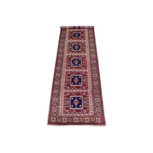 Textile Boho Chic Panel Shirwan Red/Blue Wool Runner Rug- 3'5''x11'2'' For Sale - Image 7 of 10