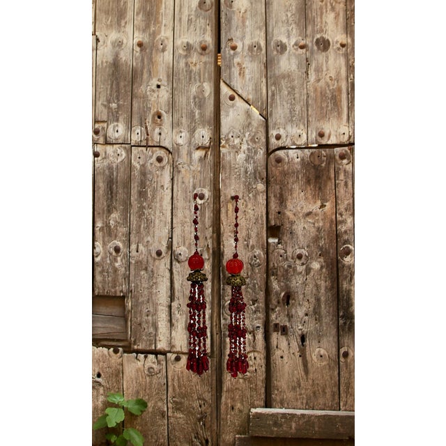 Vintage Mughal Style Red Glass and Brass Work Indian Tassels, a Pair For Sale In Tampa - Image 6 of 7