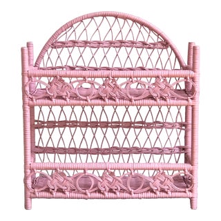 Vintage Mid-20th Century Bubble Gum Pink Wicker Wall Shelf For Sale