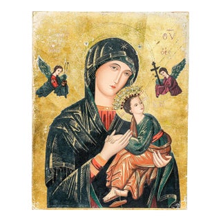 1960s Stunning Large Icon of Our Lady of Perpetual Help Catholic Christianity Painting of Virgin Mary and Baby Jesus For Sale