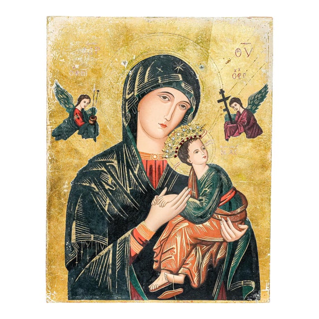 1960s Stunning Large Icon of Our Lady of Perpetual Help Catholic Christianity Painting of Virgin Mary and Baby Jesus For Sale