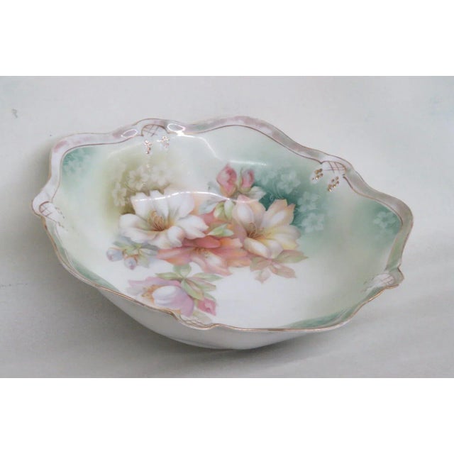 Rs Germany Porcelain Large Floral Pink Lily Flowers Green Bowl For Sale - Image 11 of 11