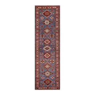 Rustic Super Kazak Blue/Beige Wool Runner Rug- 2'8'' X 10'6'' For Sale
