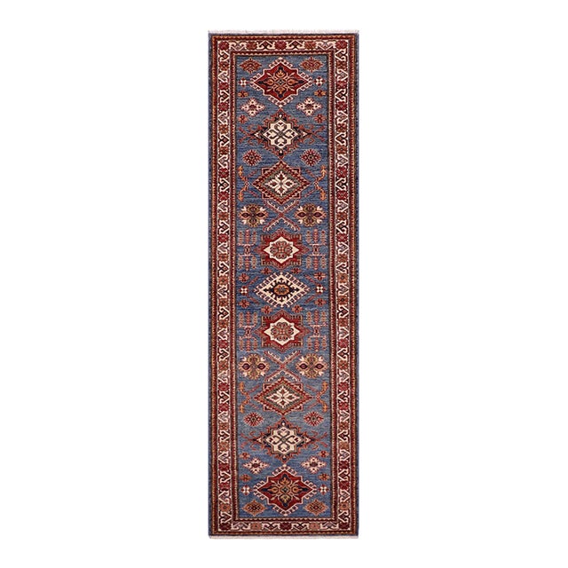 Rustic Super Kazak Blue/Beige Wool Runner Rug- 2'8'' X 10'6'' For Sale