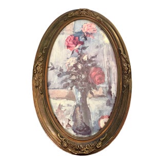 Antique Oval Gesso Frame With Floral Print (C. 1890-1915) For Sale