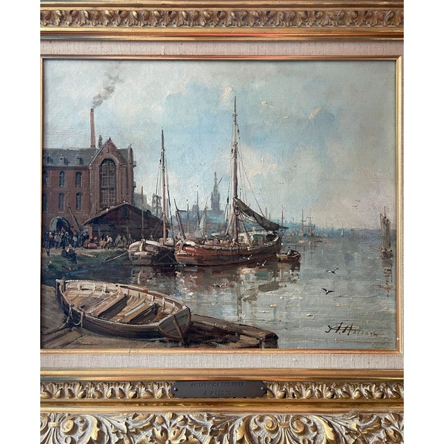 Fine 19th century French oil on canvas by A. Masson, titled “Anvers from the River.” The painting depicts a harbor view of...
