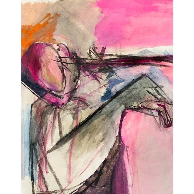 Fuschia With Tiny Bit of Saffron / Dynamic Nude Woman on Stool / Mixed Media Painting on Paper For Sale - Image 4 of 4