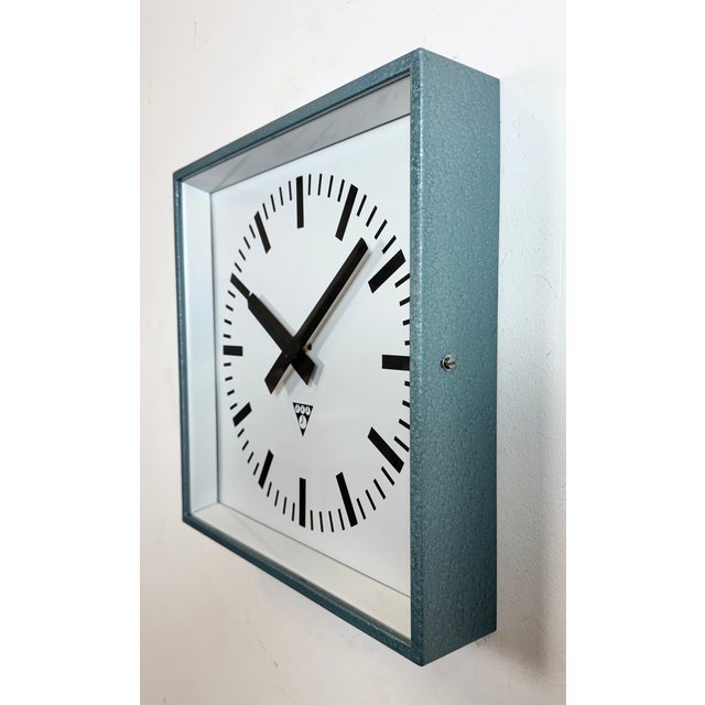 Industrial Industrial Blue Square Wall Clock from Pragotron, 1970s For Sale - Image 3 of 17