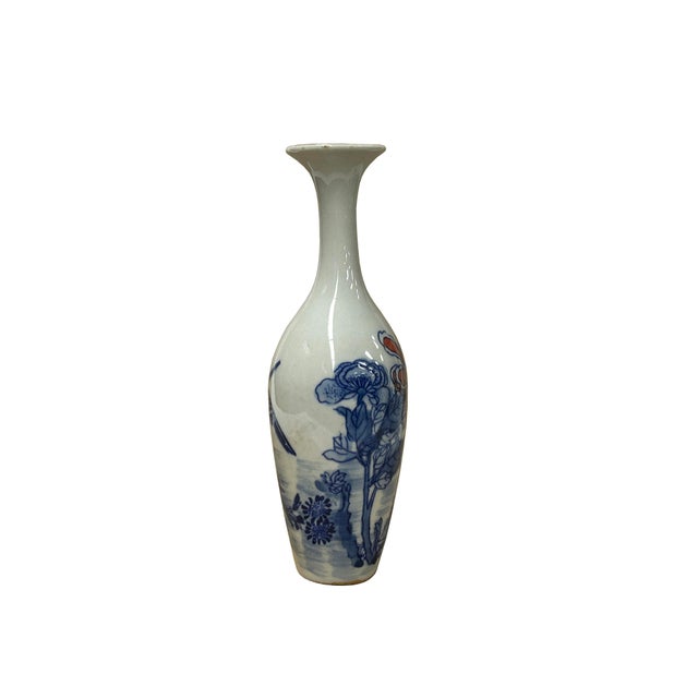 Asian Oriental Small Blue White Flower Bird Graphic Porcelain Art Vase 1 For Sale - Image 3 of 10
