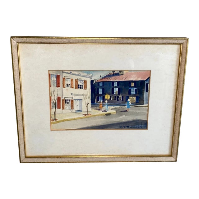 Vintage Cityscape Watercolor Signed E W Ryerson For Sale