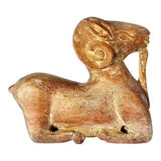 Wood Carved Stylized Ram Sculpture Tribal-Inspired Folk Art For Sale