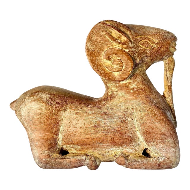 Wood Carved Stylized Ram Sculpture Tribal-Inspired Folk Art For Sale