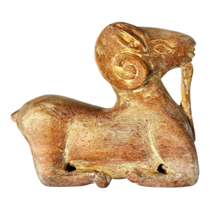 Wood Carved Stylized Ram Sculpture Tribal-Inspired Folk Art