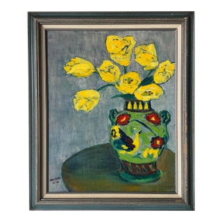 1990s Vintage H. Berntsen Still Life – Yellow Flowers in Vase Oil Painting, Framed For Sale