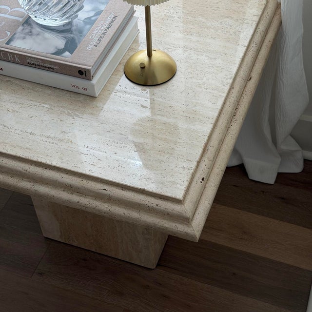 1980s Stone International Italy Travertine Pedestal Side Tables Set of 2 For Sale - Image 9 of 12