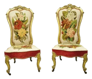 Late 19th Century Antique Victorian Gold Giltwood Rococo Parlor Slipper Lounge Chairs - A Pair