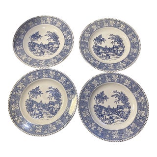 1970s Homer Laughlin China Company Shakespeare’s Country Blue Dinner Plates- Set of 4 For Sale