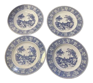 1970s Homer Laughlin China Company Shakespeare’s Country Blue Dinner Plates- Set of 4