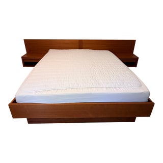 Mid Century Danish Queen Size Bed With Integrated Nightstands For Sale