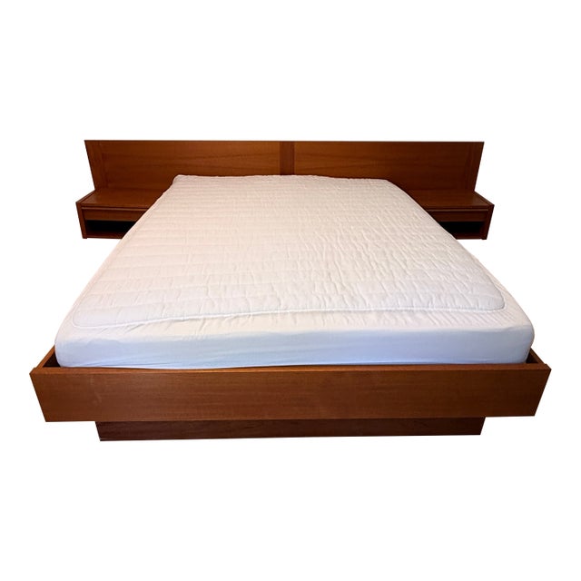 Mid Century Danish Queen Size Bed With Integrated Nightstands For Sale