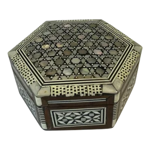 Vintage Six Sided Inlaid Wood and Mother of Pearl Trinket Box