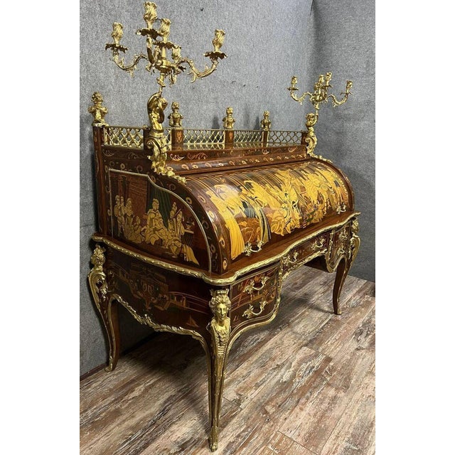 Louis XV Style Cylinder Desk in Wood Marquetry For Sale - Image 4 of 8