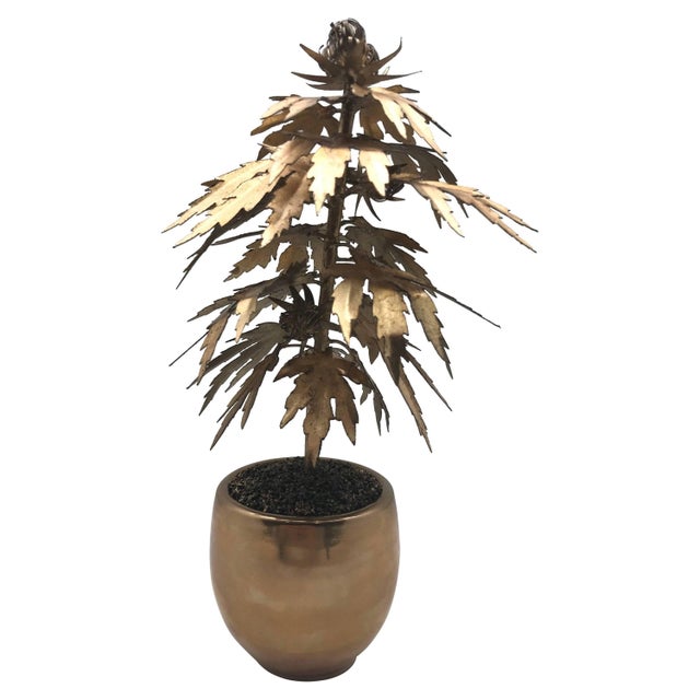 Park Avenue pot plant! Beautifully gilded tole marijuana or cannabis plant in a silvered ceramic pot with several large buds.