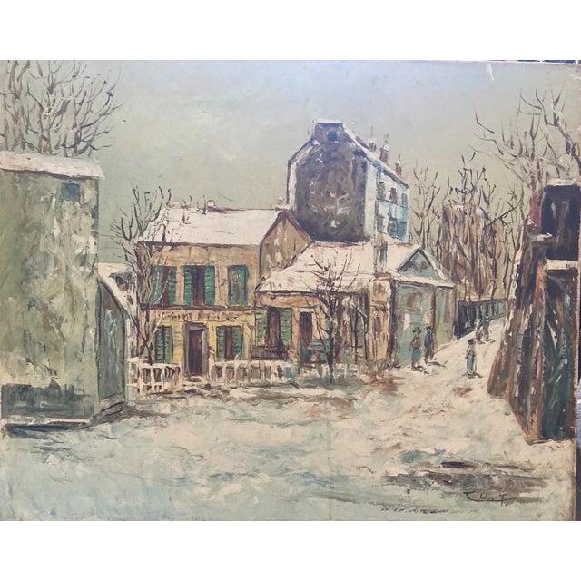 French Original Oil Painting on Canvas 'Lapin Agile in Snow', Montmartre Paris Cabaret, Early-Mid 20th Century, Signed For Sale - Image 3 of 13