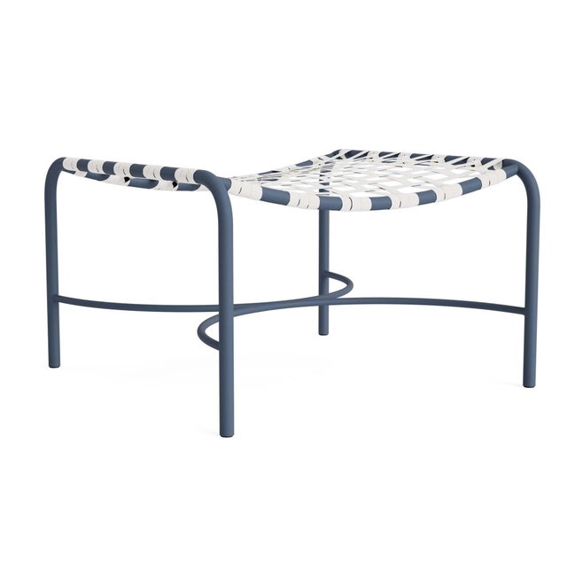 Brown Jordan Kantan Aluminum Ottoman in Sapphire with White Suncloth Strapping For Sale