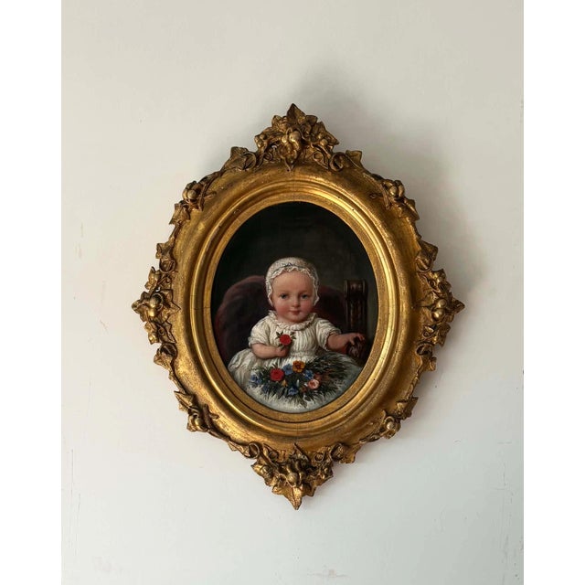 Victorian Artist, Baby Portrait with Flowers, Oil Painting, Framed For Sale - Image 7 of 10