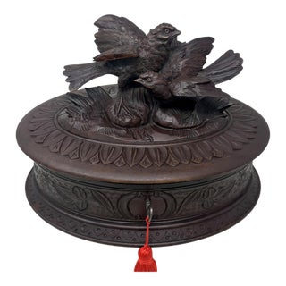 Antique Vintage Ladys Black Forest German Jewelry Box Casket Carve Pheasant Bird For Sale