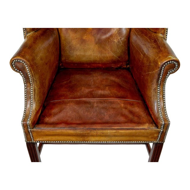 Antique Tan Leather Wing Back Armchair, 1900 For Sale - Image 3 of 12