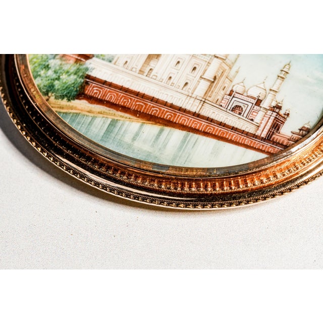 Superb Antique Grand Tour Taj Mahal Portrait Miniature Painting India Souvenir Gold Filled Frame Art Collectible For Sale - Image 13 of 15