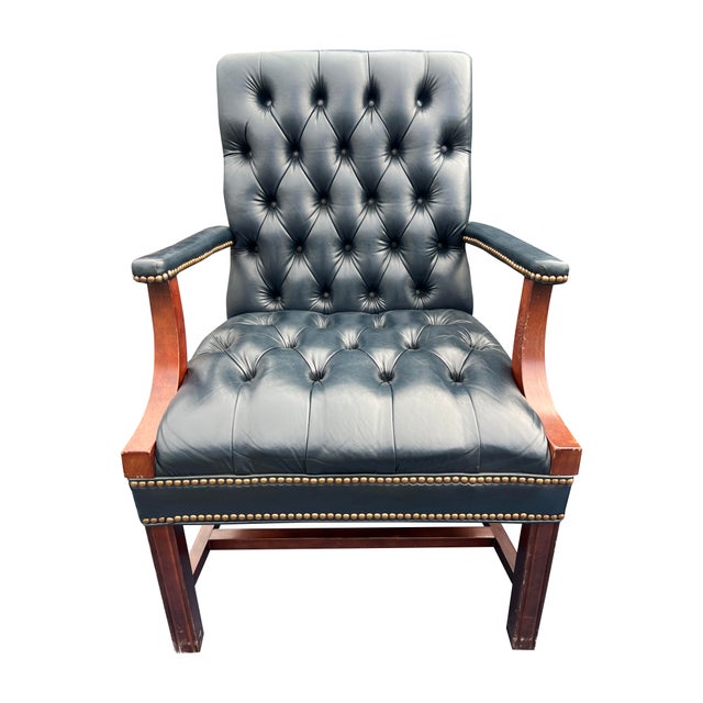 English Chesterfield Tufted Blue Leather Arm Chairs a Pair. English Style With Brass Nailhead Accent's For Sale - Image 3 of 6