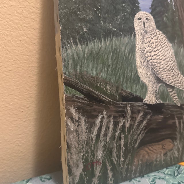 Black Mid-Century Modern Folk Art Style Snowy Owl Oil Painting – Original Woodland Biophilic Canvas For Sale - Image 8 of 12