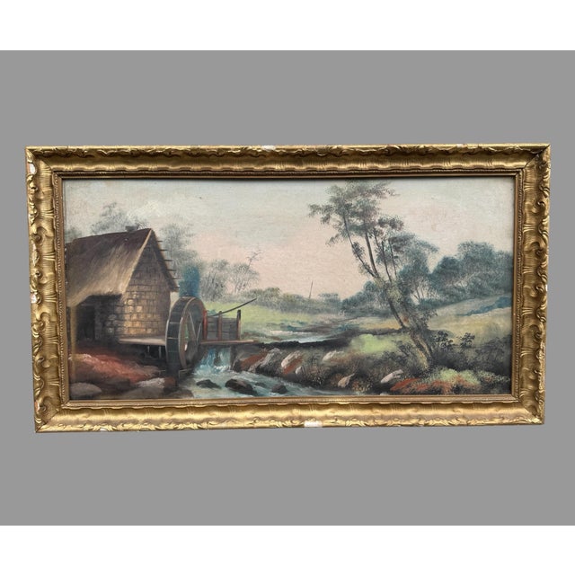 Mid 20th Century Mid 20th Century Mid 20th Century Primitive Country Folk Art Landscape Oil Painting With a Mill & Water Wheel For Sale - Image 5 of 5
