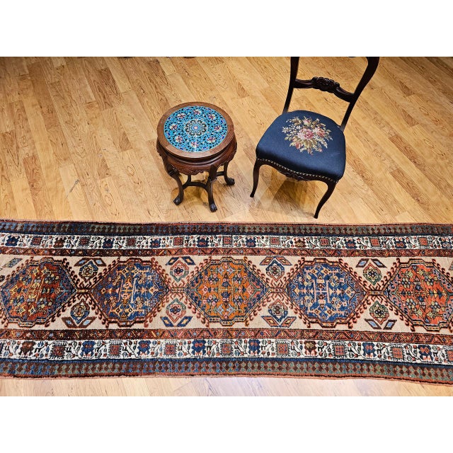 Vintage Persian Serab Runner, Hand-Knotted Wool, Geometric Medallion Pattern, Ivory & Blue, 3x11 For Sale In Chicago - Image 6 of 14