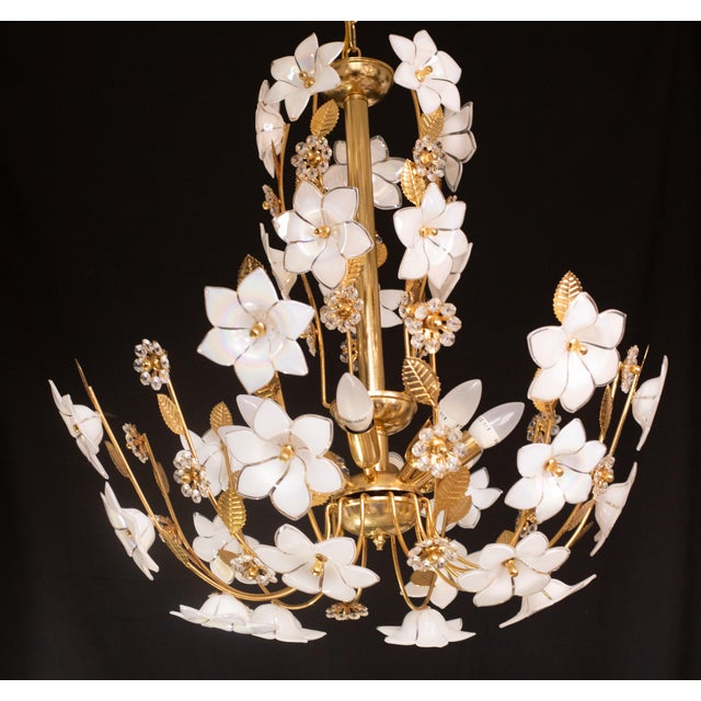 Large Vintage Murano Glass Chandelier White Flowers, 1970 For Sale - Image 12 of 12