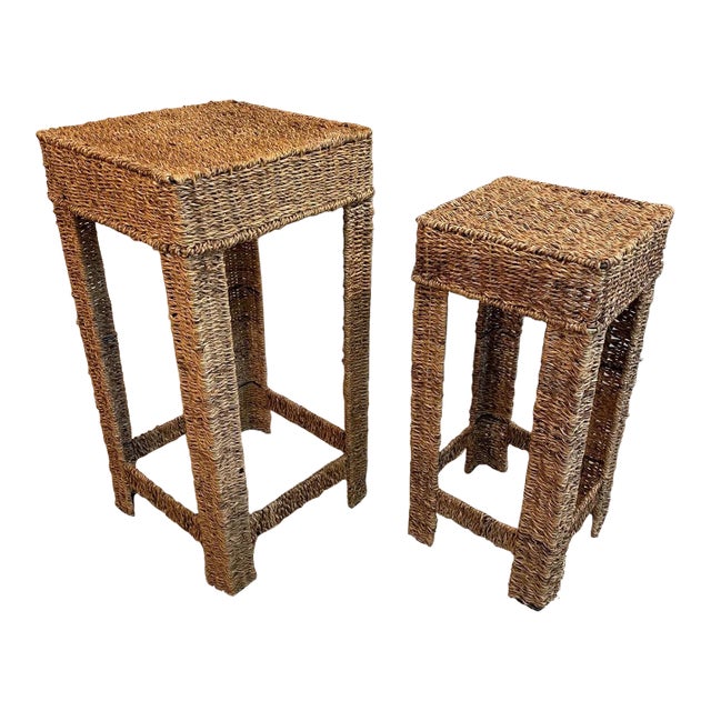 Vintage Woven Wicker Seagrass Plant Stands / Stools - a Pair For Sale