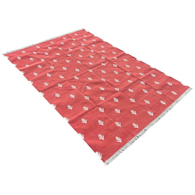 Mid-Century Modern Handwoven Cotton Area Rug, Terracotta and White Tree Patterned Dhurrie - 6'x9' For Sale - Image 3 of 12