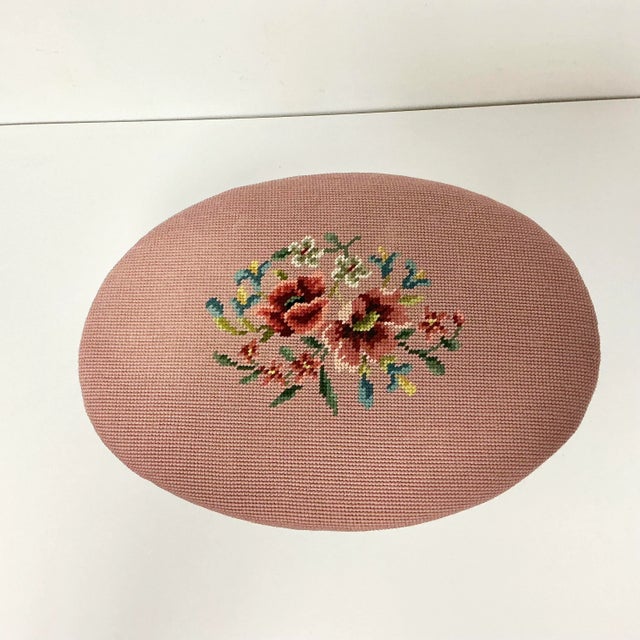 Mid 20th Century Mid-Century Boho Chic Folk Art Traditional Needlepoint Oval Footstool. For Sale - Image 5 of 14
