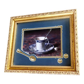 Vintage Chinoiserie Teacup Still Life Framed Print With Exquisite Mat Board Accents Excellent Condition. For Sale