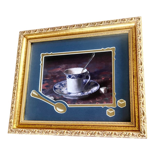 Vintage Chinoiserie Teacup Still Life Framed Print With Exquisite Mat Board Accents Excellent Condition. For Sale