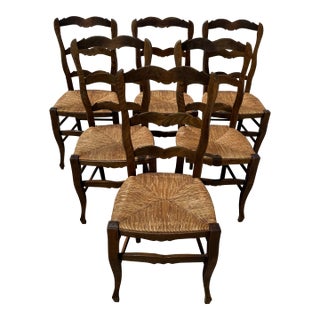 1910s Vintage French Country Provencal Solid Walnut Rush Seat Dining Chairs - Set of 6 For Sale