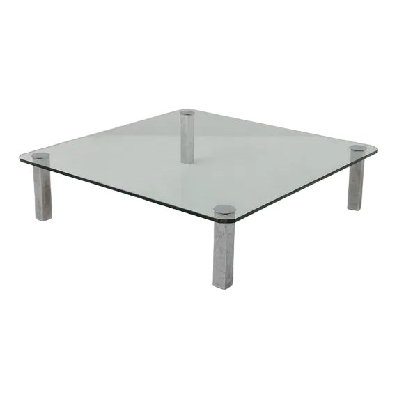 Vintage Italian Glass Coffee Table with Metal Feet, 1970s For Sale