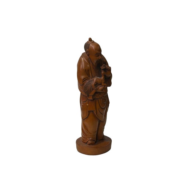 Chinese Boxwood Longevity Goddess Holding Baby Deer Statue For Sale - Image 4 of 7