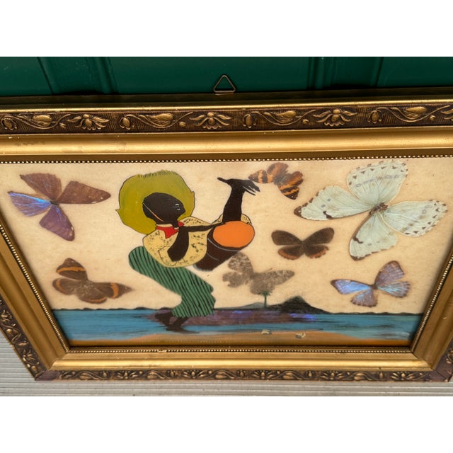 Wood Vintage African Folk Art Iridescent Morpho Butterfly Wing Mosaic Made in Brazil For Sale - Image 7 of 15