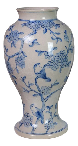 Hand-Painted Blue & White Bird and Blossom Vase by Pottery 12, Hanoi Studio Art Ceramic