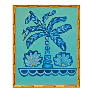 Tatiana Duperault Palm Tree Original Oil Painting, Signed, Blue and Green Chinoiserie, Faux Bamboo Frame For Sale