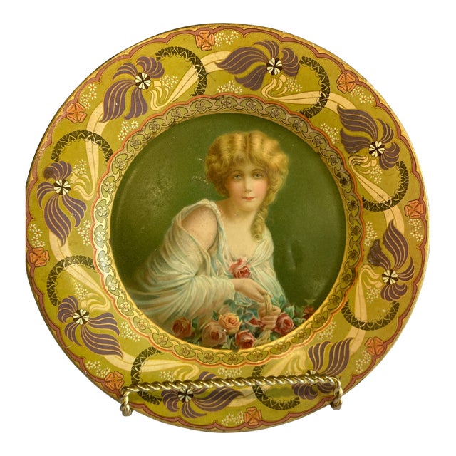 Antique Royal Saxony “Flower Girl” Decorative Metal Plate – Chas W. Shonk Co. For Sale